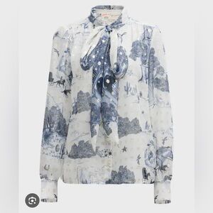 Maison Common Neck-Tie Western Print Silk Blouse, size small